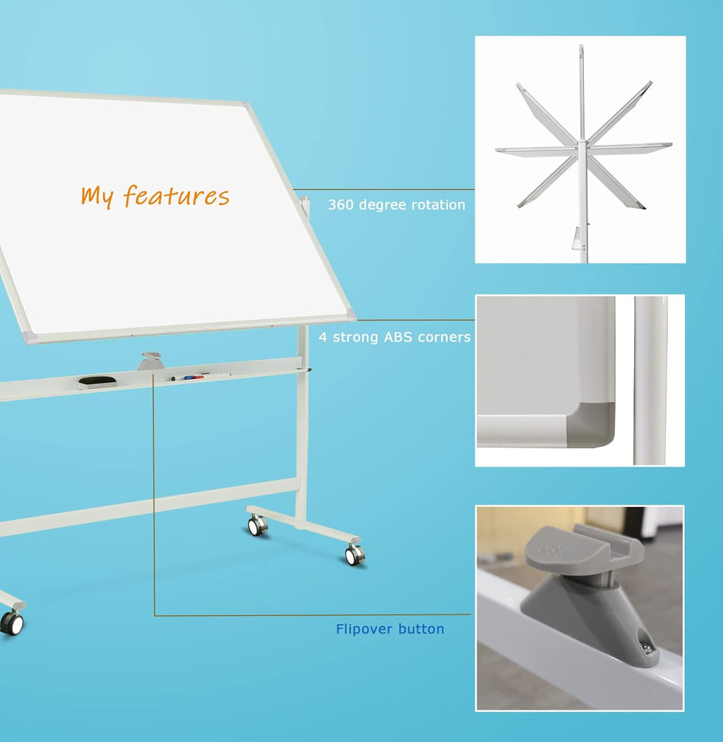 Mobile Double Sided Whiteboard 36 x 71 Inches with Aluminum White Frame Y9675