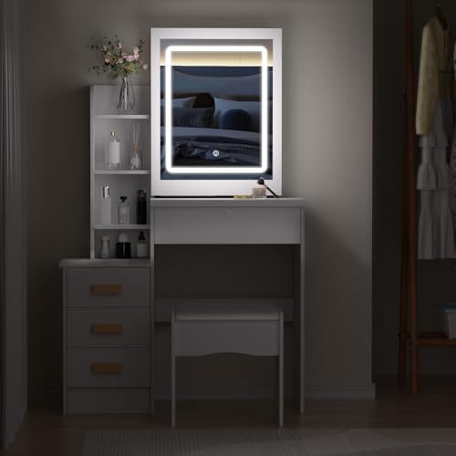White Vanity Desk with Sliding Mirror and Lights, 4 Drawers X50792