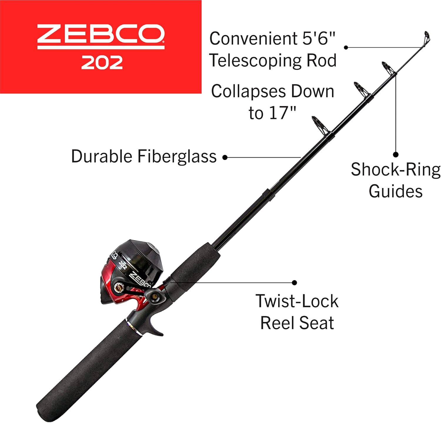 Spincast Reel and Telescopic Fishing Rod Combo, 17-Inch to 5-Foot 6-Inch Telescopic Fishing Pole, Size 30 Reel, Right-Hand Retrieve, Pre-Spooled with 10-Pound Line, Black/Red O87515