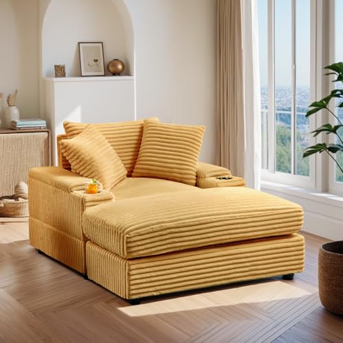 Oversized Corduroy Chaise Lounge Chair with Ottoman and Cup Holder Y52552