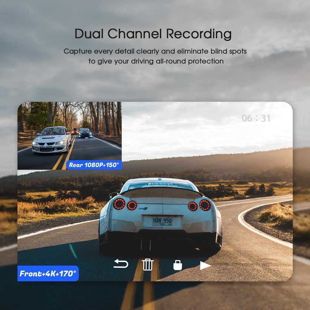 4K/1080P Wi-Fi Dual Dash Camera with IPS Screen, Night Vision, 170° Wide Angle R189