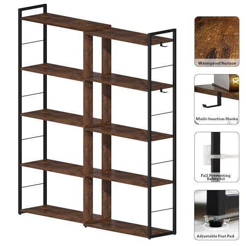 5 Tier Corner Bookshelf with 2 Hooks Adjustable Shelves Rustic Brown I4155