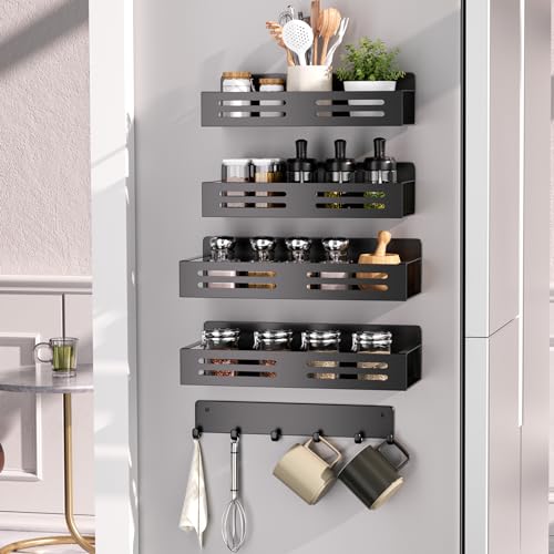 Magnetic Spice Racks with 6-Hooks Metal Fridge Side Shelf V100635