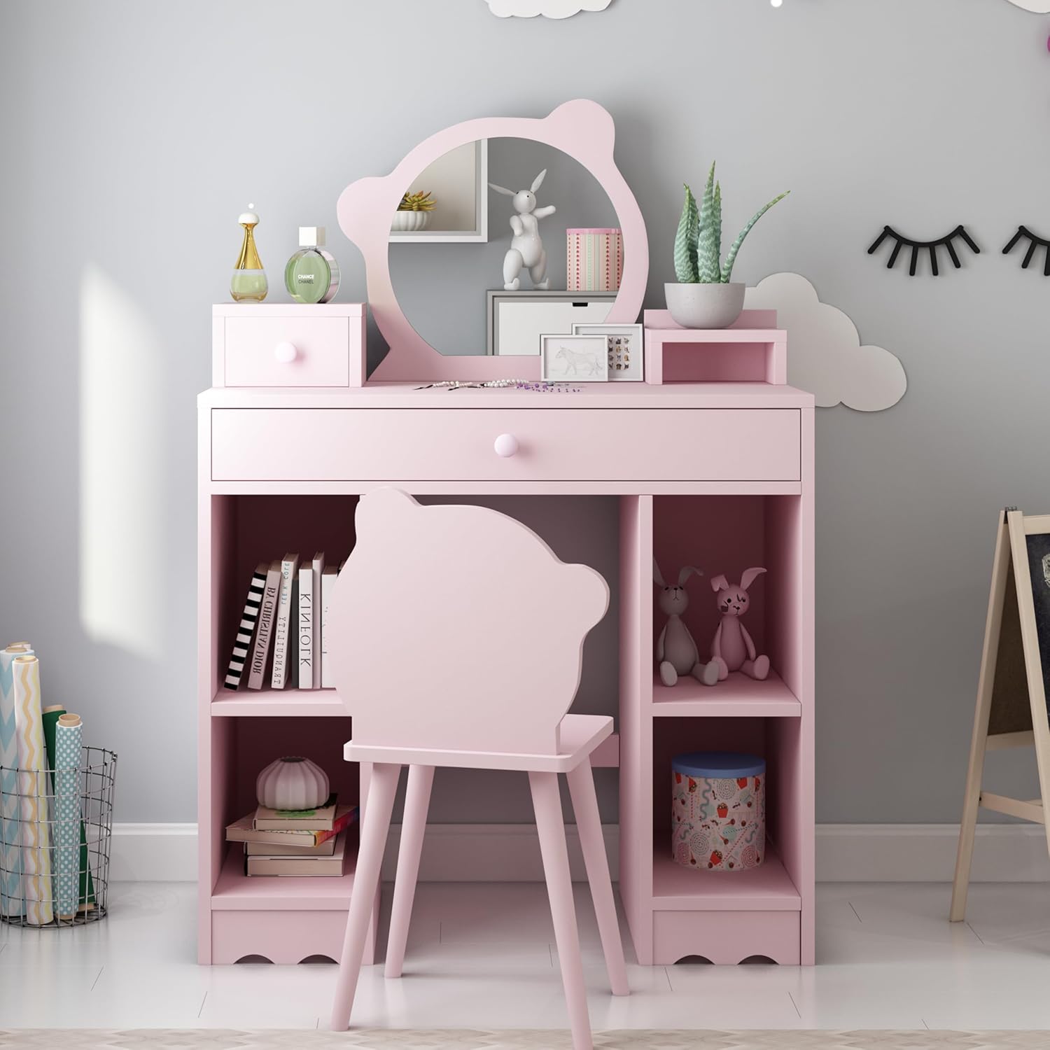 Pink Wooden Kids Vanity Set with Mirror and Stool V1530