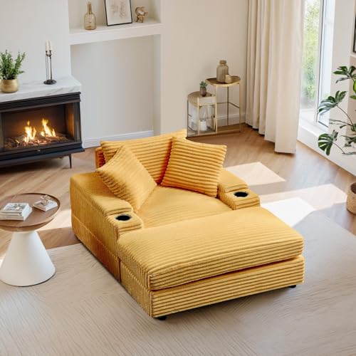 Oversized Corduroy Chaise Lounge Chair with Ottoman and Cup Holder Y52552